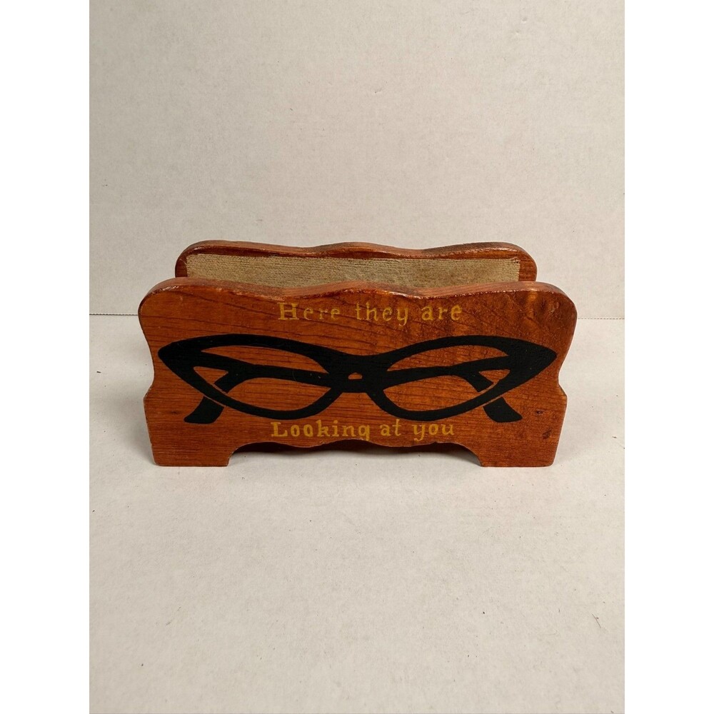 Vintage Wooden Eyeglasses Holder Caddy Stand Here They Are Looking At You MCM 6